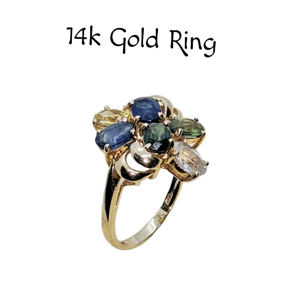 14k Gold ~ Asymmetrical Ring with Peridot, Sapphire, Topaz, Citrine, & Z… - Picture 2 of 7